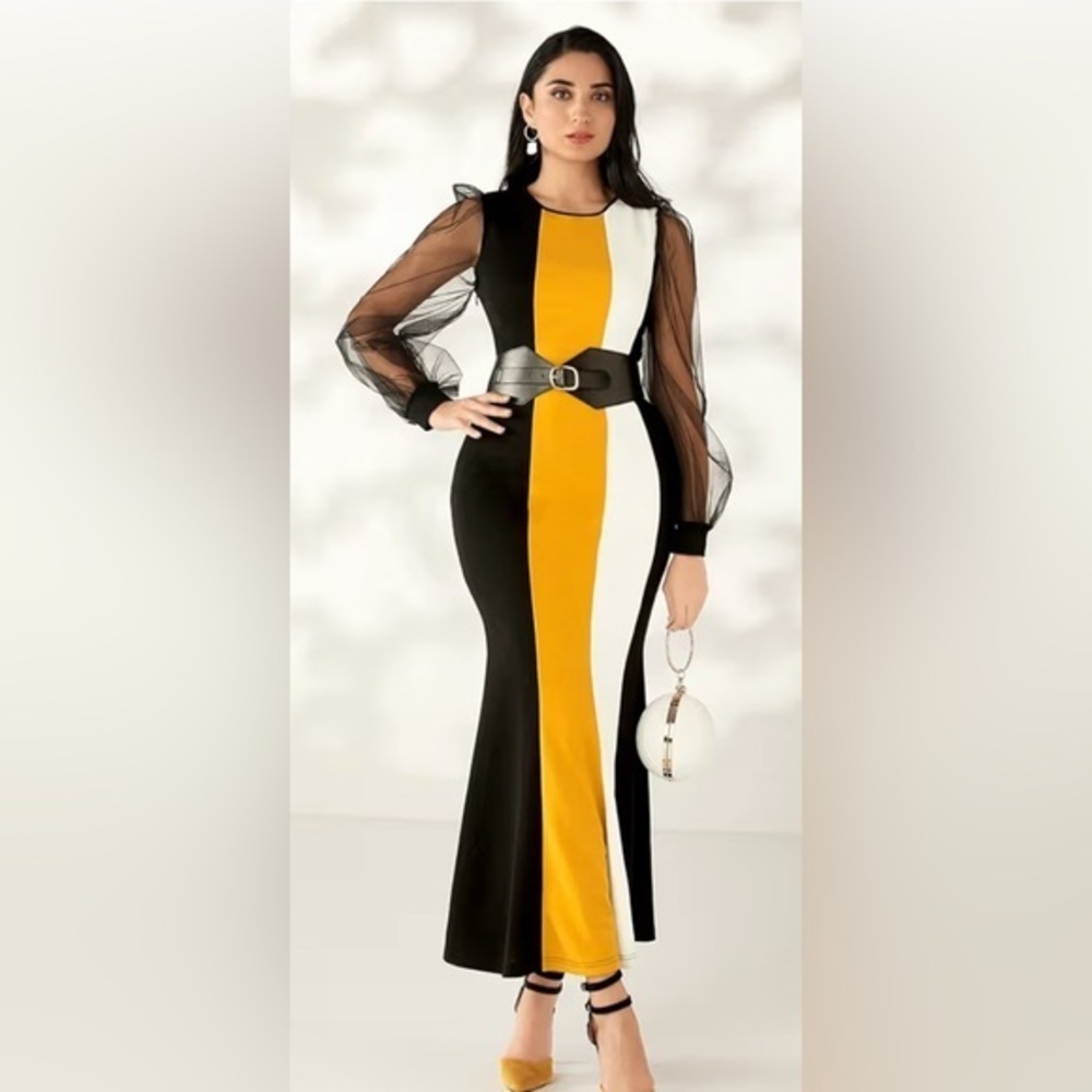 Elegant Black, White, and Gold Dress